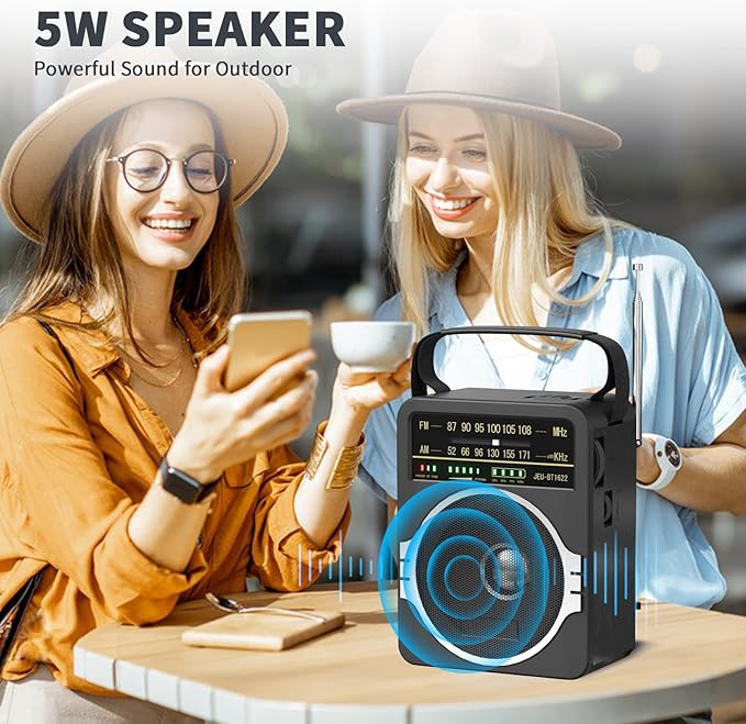 Portable AM FM Radio, Bluetooth 5.0 Radios 5 Watts Loud Speaker,FM Radio Built-in Rechargeable Battery/DC D*4 Cell Battery Operated & AC Power Plug in Wall Black