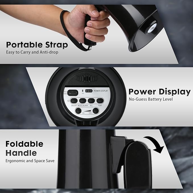 UZOCHI 20 Watt Rechargeable Megaphone Bullhorn Speaker, Siren and 240s Recording, Portable Mega Phone with Power Display and Strap (Black)