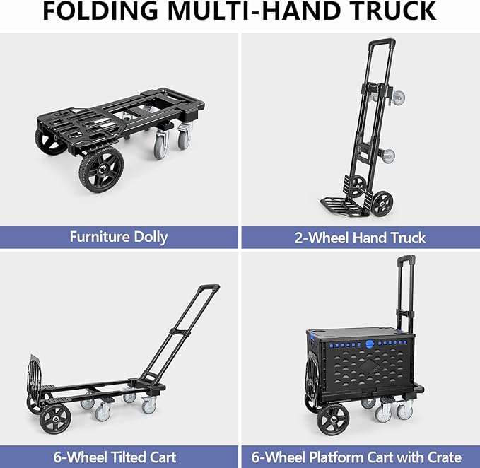 KEDSUM 4-in-1 Convertible Hand Truck Dolly with Folding Crate, 600LBS Heavy Duty Dolly Cart with Wheels, Adjustable Handle & Caster Wheels, Shopping Cart for Groceries, Packages, Collapsible