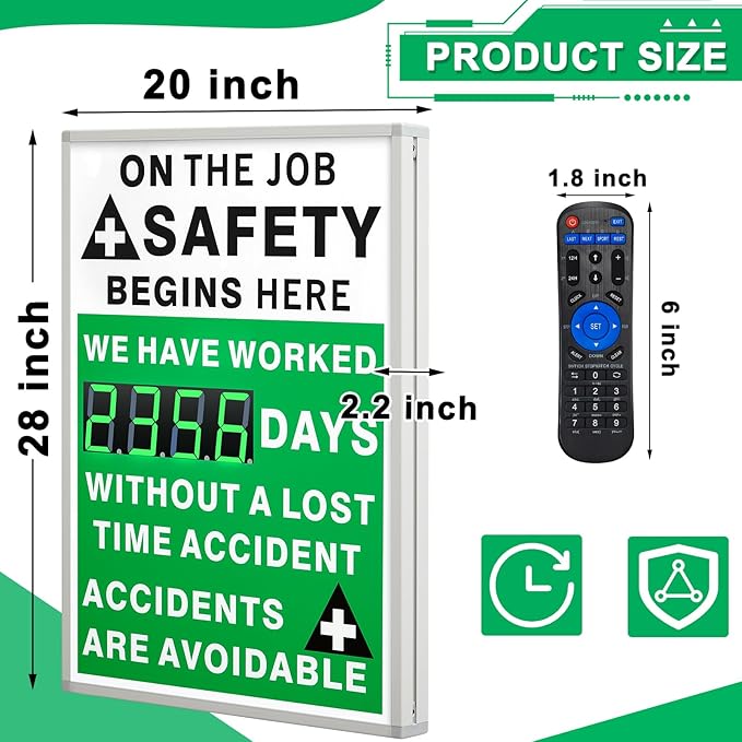 Days Safety Is The Priority Without Accident Sign Electronic Safety Scoreboard 28" x 20" with Remote Control Safe Scoreboard Sign Days Without a Lost Time Accident Are Avoidable(English Style)