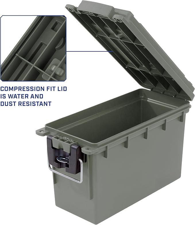 Sheffield 12626 Ammo Storage Box, Stackable .30 Cal Field Boxes, Water and Dust Resistant, Lockable Storage Box with Handle, Secures Hunting Gear, Supplies, and Bullets, Made in USA, Green, 1-Pack