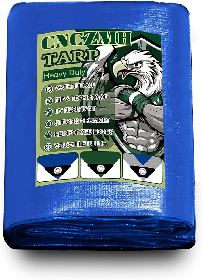 Tarp Heavy Duty Waterproof 10x20 Feet, 10 Mil Thick Blue Poly Tarps Outdoor, Metal Grommets, Reinforced Edges, Multipurpose Tarpaulin Protective Cover for Camping, Boat, Swimming Pools, Car