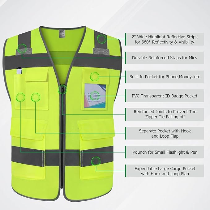 TCCFCCT Reflective Vest 5 Pockets Safety Vest for Men Women, High Visibility Surveyor Vest with Horizontal Strip for Walkie-talkie, Durable to Use, Meets ANSI/ISEA Standards, T5-Yellow, XL