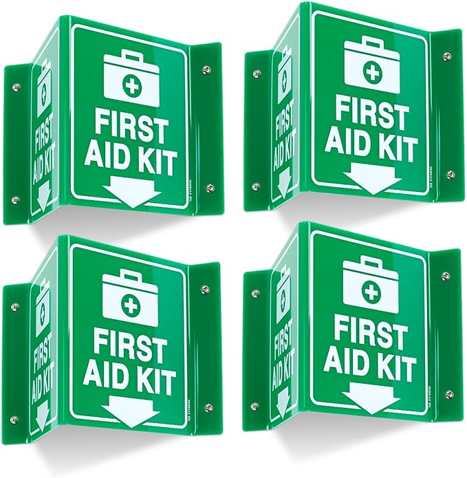 T&R First Aid Kit Sign, First Aid Kit with Down Arrow - 4 Pack - 8 x 6 Inches Acrylic, 4 pre-drilled holes, Includes Matching Screws, Use for Office/Business