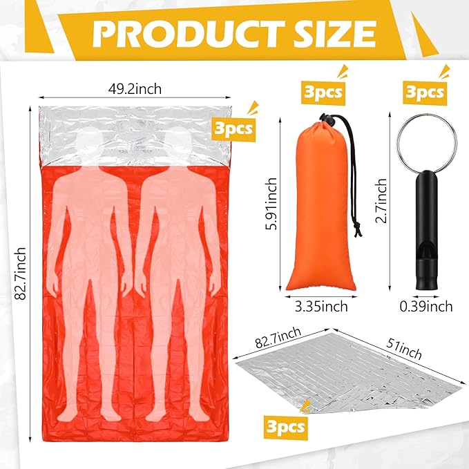 6 Pack 82.7" x 49.2" Emergency Sleeping Bag Emergency Thermal Blanket Survival Bivvy Sack Blanket with Whistle Waterproof Lightweight Portable Shelter for Outdoor Camping Hiking