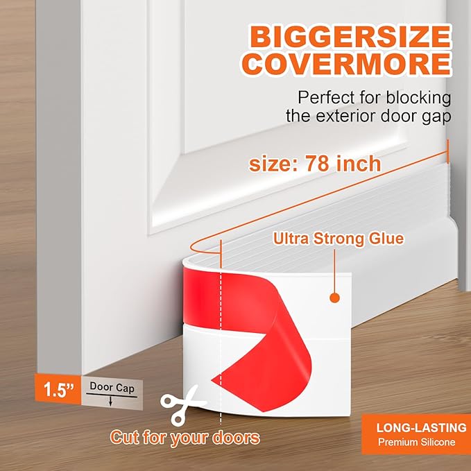 Door Draft Stopper, Door Sweep for Bottom of Door, Weather Stripping Door Seal, Under Door Gap Filler, Under Door Draft Blocker Soundproof/Insulator, Door stoppers (White, 78‘’)