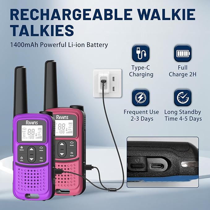 Radios Walkie Talkies Long Range: Rivins F22 Rechargeable Walkie Talkies for Adults, NOAA, 1400mAh Li-ion Battery USB-C Cable, LED Flashlight, VOX FRS Two Way Radio for Hiking Camping,6 Pack