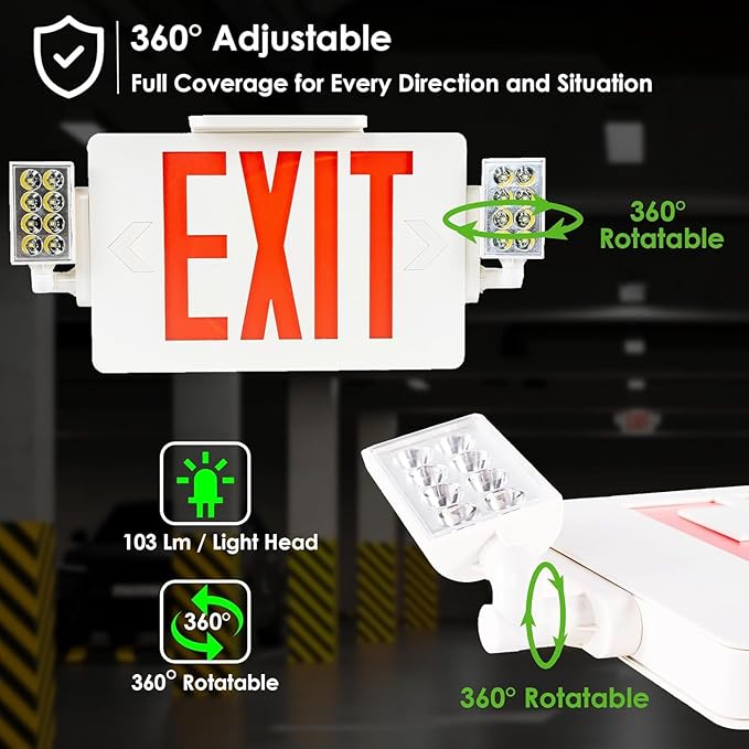 Gruenlich LED Combo Exit Sign, Emergency Light with 2 Adjustable Heads and Double Face, Back Up Batteries- US Standard Red Letter EXIT, UL 924 Qualified, 120-277 Voltage, 6-Pack