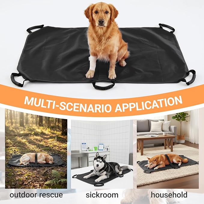 Geiserailie Transport Stretcher for Large Dogs with 6 Handles 47" L x 29" W Animal Folding Emergency Transport Carrier with Safety Strap, Max 250lbs (Black)
