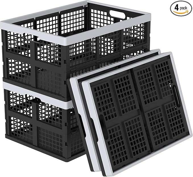 Xyskin 66 L Plastic Folding Storage Crate, Stacking Crate, Portable Collapsible Storage Basket, 4 Packs