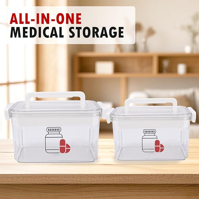 2 Pack First Aid Box, Clear Plastic Medicine Storage Box with Lock Lid & Handle, Medicine Kit Case Container Empty, Medical Box for Supplements Medicine Storage Emergency Supplies Organizer