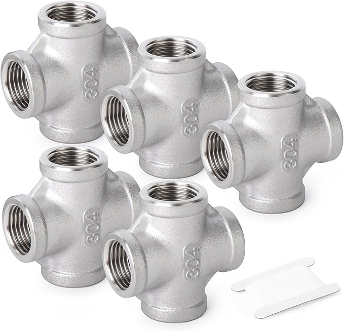 TAISHER 5PCS Stainless Steel 4 Way Pipe Fittings, 1/4" x 1/4" x 1/4" x 1/4" NPT Female Pipe Fittings