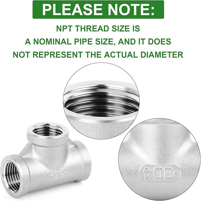 TAISHER 5PCS Stainless Steel Tee Pipe Fittings, 3/8" x 3/8" x 3/8" NPT Female Pipe Fittings