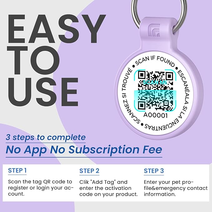 Silicone Dog Tags Personalized for Pets with QR Code, Emergency Contact Info, Anti-Lost, Scan Location Alerts(Purple-L)