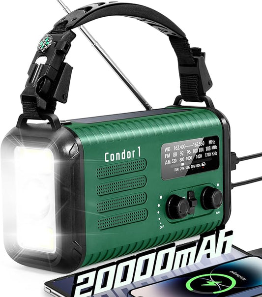 Emergency Crank Radio, 20000mAh / 74000mWh Solar Hand Crank Weather Radio with NOAA/AM/FM, Battery Powered Radio with Cell Phone Charger, Reading Lamp, Flashlight & SOS for Emergencies/Home (Green)