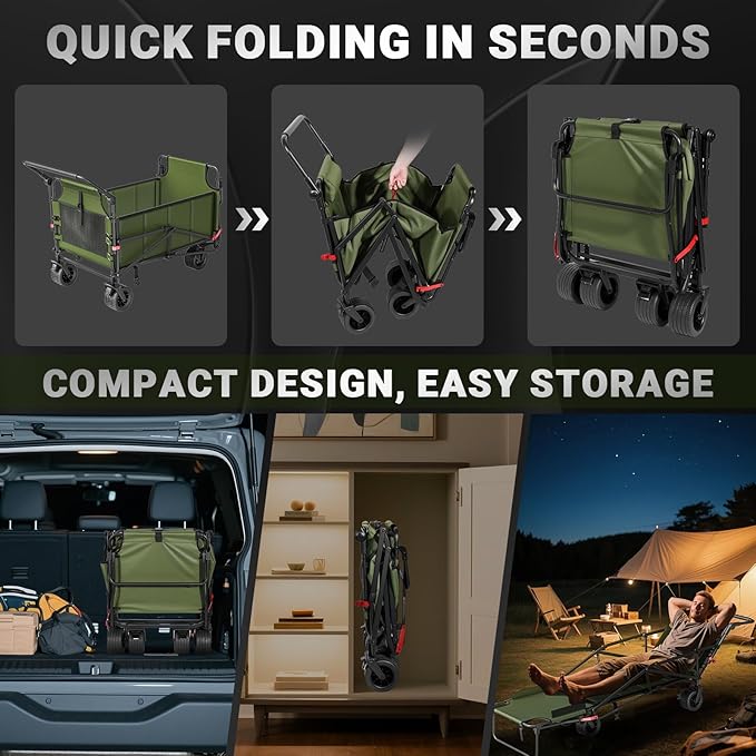 LEVELEVE Heavy Duty Folding Wagon - 2-in-1 Collapsible Cart, 650lb Capacity, All-Terrain Wheels w/Brakes & Side Pockets