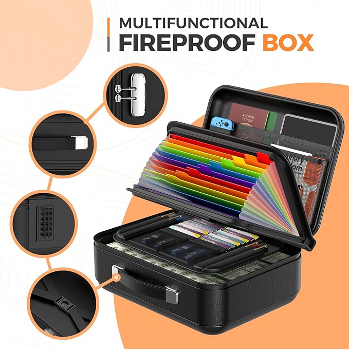 Fireproof Document Box with Combination Lock - Fire & Water Resistant Hard Case Safe Box for Important Documents, Certificates, Laptops, Passports (Black)