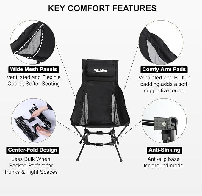 Wildhiker Portable High Back Folding Camping Chairs – Compact with Dual Sitting Modes, Pillow, Arm Pads and Side Pockets – Lightweight Chair for Motorcycle, RV, Festival, Travel – Black