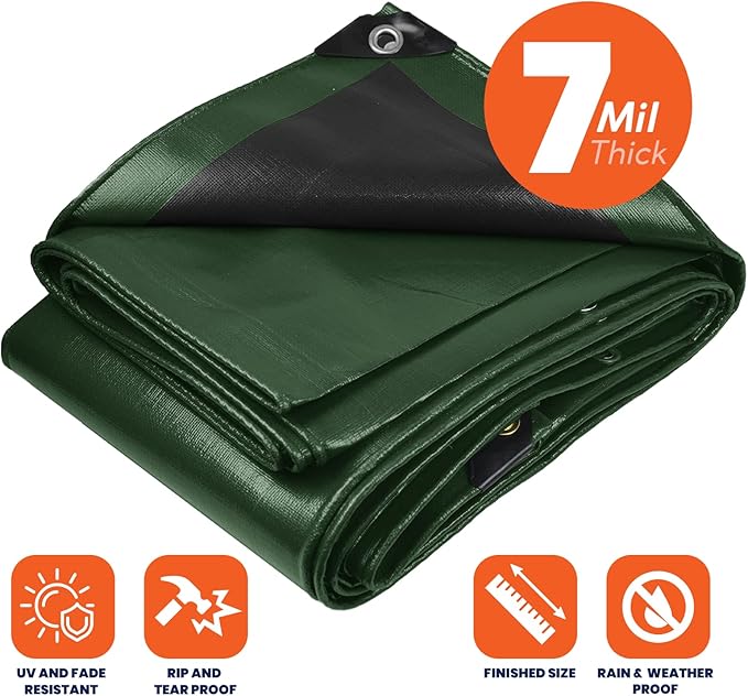 Tarpco Safety Heavy Duty 7 Mil Tarp Cover, Waterproof, UV Resistant, Rip and Tear Proof, Poly Tarpaulin with Reinforced Edges for Roof, Camping, Patio, Pool Cover, Boat (Green/Black 25′ X 45′)