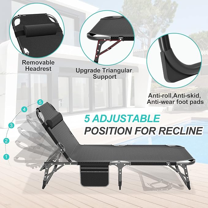 ABORON Patio Lounge Chair, Folding Guest Bed Cot for Adults, 500LB Heavy-Duty Capacity, Portable Extra Bed with Comfort Mat, Quick Fold Design for Indoor Guest Stays & Temporary Use
