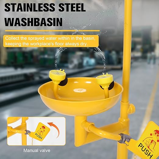 Emergency Face Eye Washing Station with Hand-Pushing Board Emergency Combination Eyewash Station with Dual Spray Head and Pedal for Laboratory Factory
