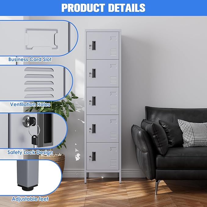 Metal Locker with Lock and Ventilation Holes,Metal Storage Locker with Business Card Slot for Home,Gym,Garage,School,Office,66" H x 15.8" W x 15.8" D Assembly Required,Dark Grey