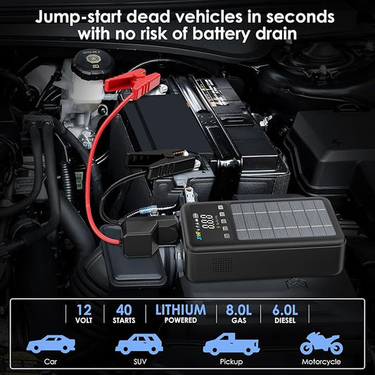 JIYHF 3000A Jump Starter with Air Compressor 150PSI Tire Inflator-12V Battery 8.0L Gasoline and 6.0L Diesel Engines, Portable Car Battery Jump Starter with Solar Panel and PD 45W Fast Charge (Gray)