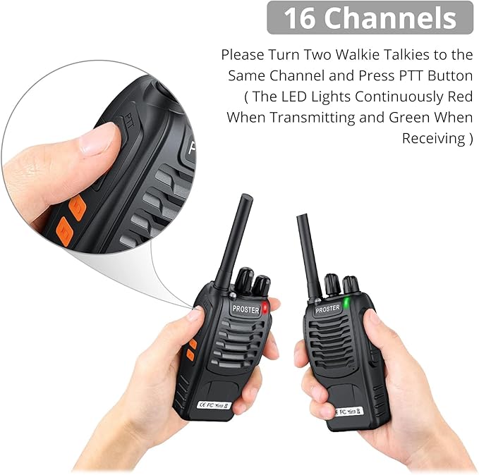 Proster Rechargeable Walkie Talkies 1 Pair - Long Range Two Way Radios 16 Channel Handheld Walky Talky, with USB Charger 2 Pack Earpiece Mic for Walkie Talkies