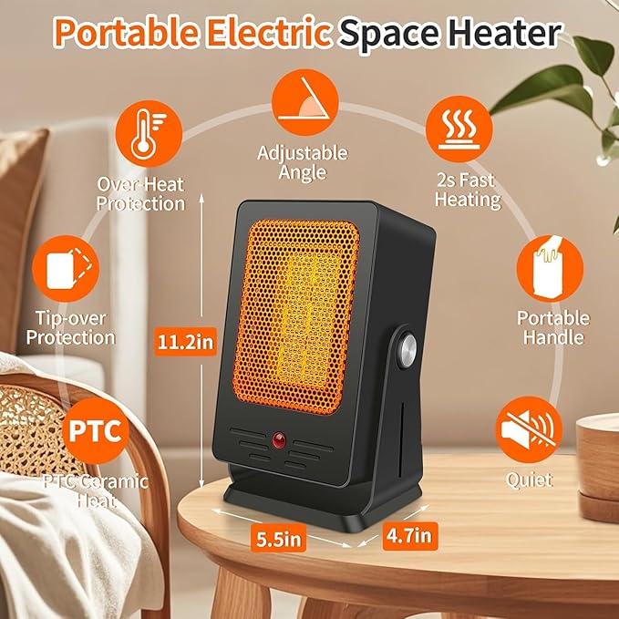 Space Heaters for Indoor Use,Desktop Small PTC Heater with 2s Fast Heating,Tip-Over&Overheat Protection,30°Adjustable Angle Portable Personal Electric Heater for Office,Bedroom