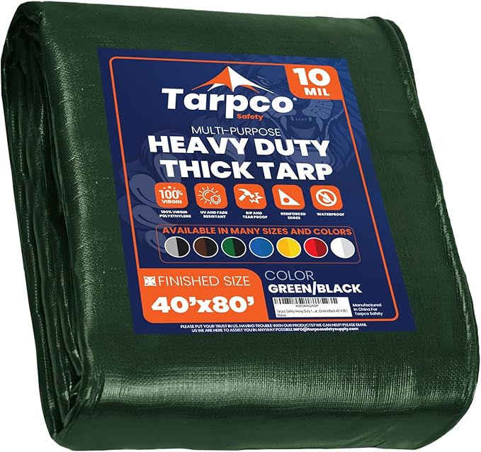 Tarpco Safety Heavy Duty 10 Mil Tarp Cover, Waterproof, UV Resistant, Rip and Tear Proof, Poly Tarpaulin with Reinforced Edges for Camping, Roof, Patio, Pool, Boat. (Green/Black 40′ X 80′)