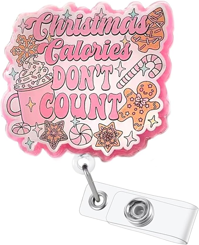 Christmas Pink Gingerbread Man Badge Reel Retractable Cute Candy ID Clip Christmas Badge Holder Holiday Nurse Nursing Teacher Student Office Staff Name Tag Decor