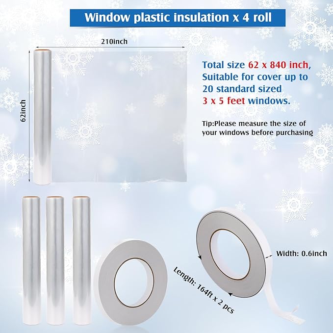 Frienda Window Insulation Kit for Winter Each Roll 62 x 210 Indoor Window Plastic Insulation Kit with Double Sided Tape Clear Shrink Covering Film(4 Roll)