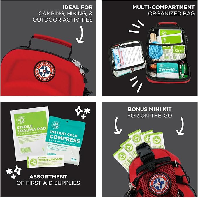 Be Smart Get Prepared 398pc Emergency First Aid Kit + BONUS Mini Kit included - Ideal for Office, Home, Car, School, Emergency, Survival, Camping, Hunting, Boating and Sports, FSA HSA eligible.