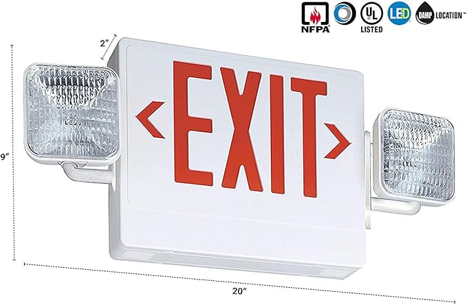Lithonia Lighting ECR LED M6 Thermoplastic LED Emergency Exit Sign & Light Fixture with Red Letters,White,2 LED Heads - Square