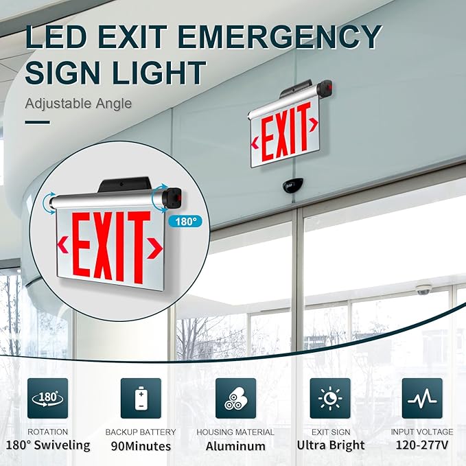 Red Led Edge-Lit Exit Sign, Aluminum Housing Double-Sided Mirrored Rotating Acrylic Plate, UL Damp Location Listed, Hardwired Emergency Exit Signs For Business, Top/Side/Wall Mount(Canopy Included)