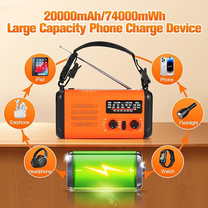 Hand Crank Emergency Radio, NOAA Weather Radio with AM/FM & Solar Radio, 20000mAh Rechargeable Battery Powered, Cell Phone Charging, 3 Modes Flashlight Reading Lamp, SOS Alarm for Emergency