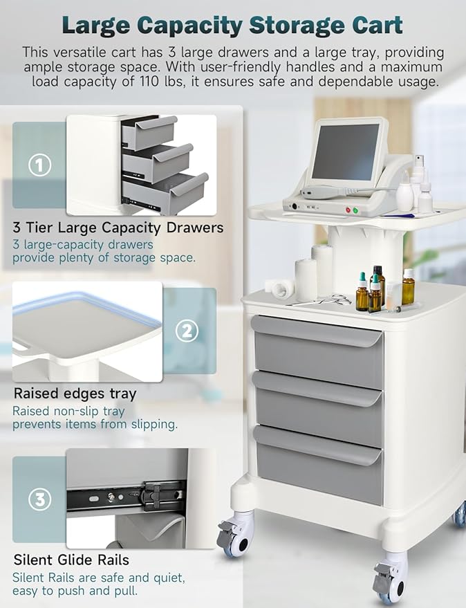 Mobile Trolley Cart for Portable Ultrasound Imaging Scanner Vehicle Trolley Beauty Storage Cart 115 LBS Load with 3 Drawers 4 Wheels for Hospital Office Bedroom Clinic