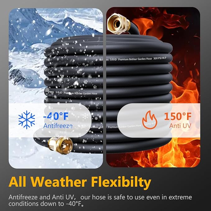 25FT 3/4 Heavy Duty Rubber Garden Hose - 200psi Working, 1000psi Burst - Hot/Cold Water - Five-Layered Braiding for Durability - Versatile for Gardening, Agriculture, Construction(Black)