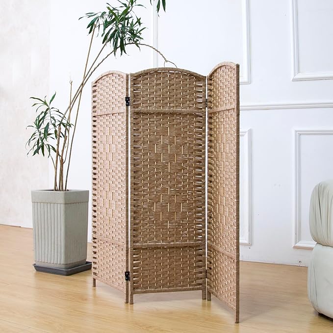 3 Panel Rattan Divider Short Room Partition Screen,Double Sided Folding Divider for Room Separation,Light Brown,47.2" H x 47.2" W