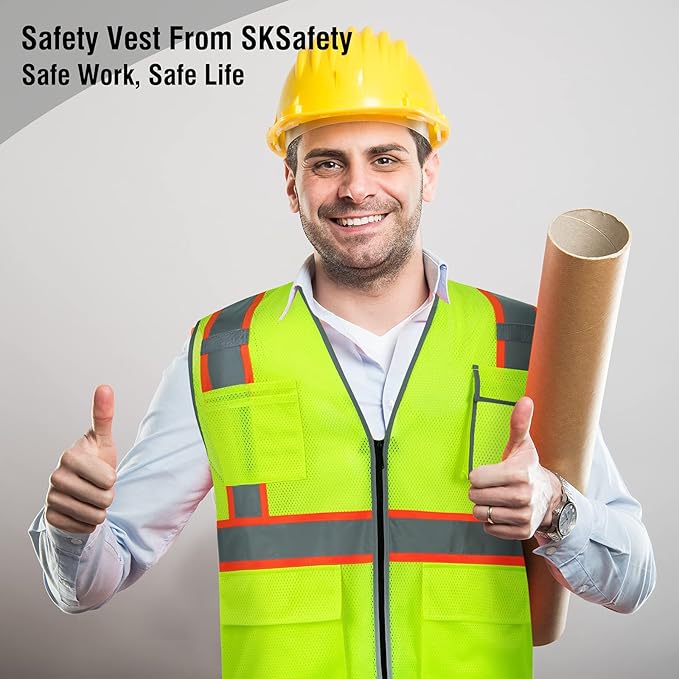 SKSAFETY 10 Pockets Safety Vest, Class 2 High Visibility Security with Zipper Double-sided mesh, Hi Vis Vest with Reflective Strips, ANSI/ISEA Standard, Construction Work Vest （Lime, 3XL）