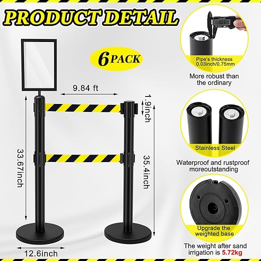 Therwen 6 Pcs Double Retractable Belt Barrier with Stanchion Dual Retractable Safety Belt Heavy Duty Crowd Control Stanchions Stainless Steel Post Holder Safety Barrier Stand (9.8 ft,Black and Yellow)
