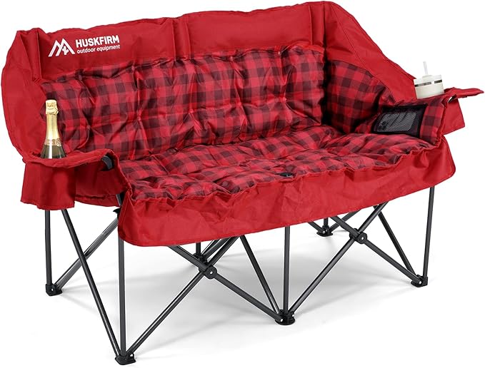 Double Camping Chairs Padded Loveseat Chair for 2 Person - Heavy Duty Oversized Camping Couch for Adults Outdoor Lawn Beach - Portable Folding Sofa with Cup Holders and Carry Bag, Red