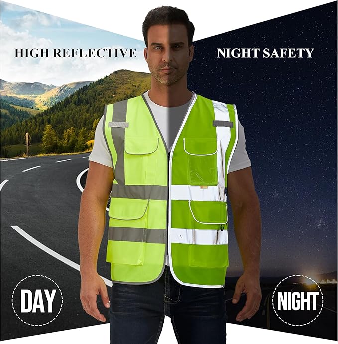 SIFE Reflective Safety Vest High Visibility Vest With 7 Pockets And YKK Zipper, ANSI/ISEA Class 2 Standard, Made With 3M Reflective Tape(03YG-Yellow,2XL)