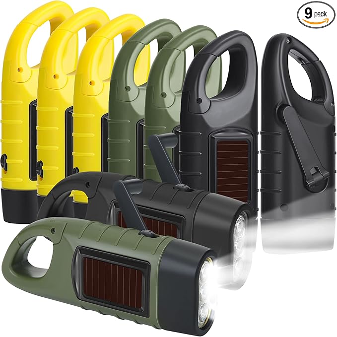 Leelosp 9 Pieces Hand Crank Flashlight Solar Powered Flashlight for Emergencies Dynamo Rechargeable LED Survival Light for Outdoor Sports Hiking Camping (Black,Green,Yellow)