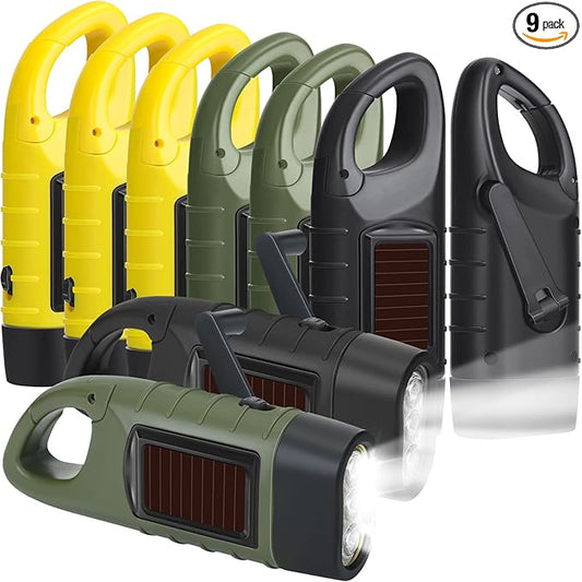 Leelosp 9 Pieces Hand Crank Flashlight Solar Powered Flashlight for Emergencies Dynamo Rechargeable LED Survival Light for Outdoor Sports Hiking Camping (Black,Green,Yellow)