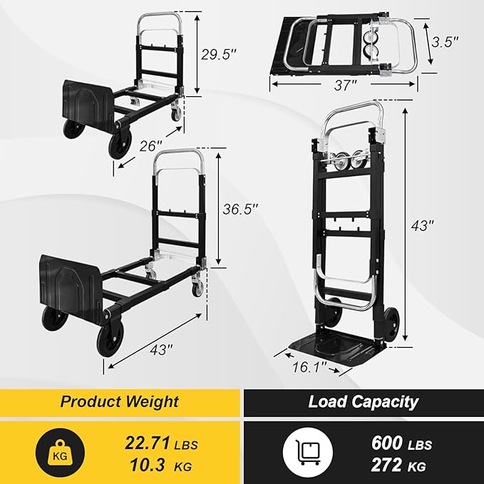 3-in-1 Aluminum Hand Truck Dolly, 600 lbs Heavy Duty Folding Trolley with Universal Wheels, Convertible Hand Truck with Tie Down Straps for Warehouse, Supermarket, Office (Black)