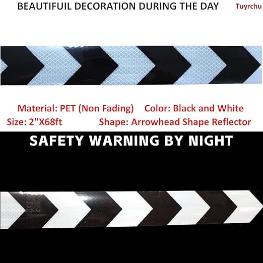 Reflective Tape Black and White 2 inch Wide for Cars, Outdoor Waterproo High Visibility Safety Warning Sticker Strips (68 feet)