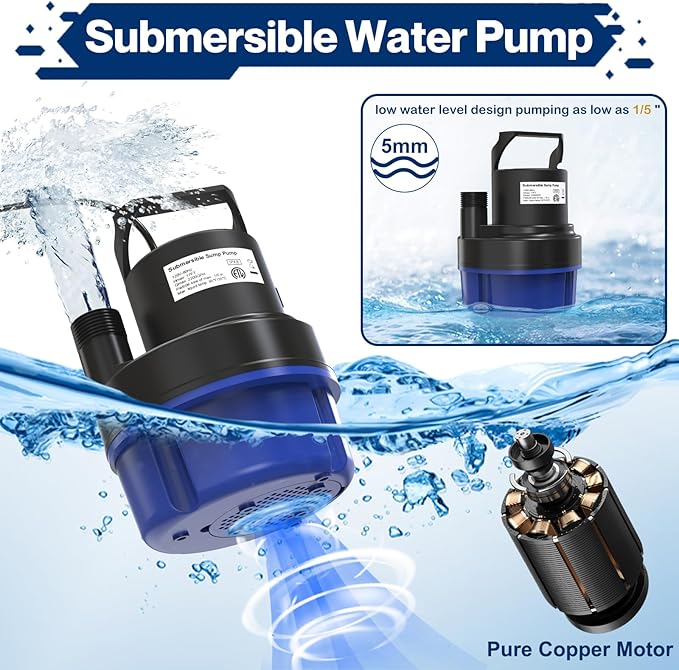 AgiiMan 2HP Submersible Water Pump, 3500GPH Portable Sump Pump for Pool Draining, Pool Cover Pump with 25FT Power Cord for Basements Pool Fountains Hot Tub Garden, Blue