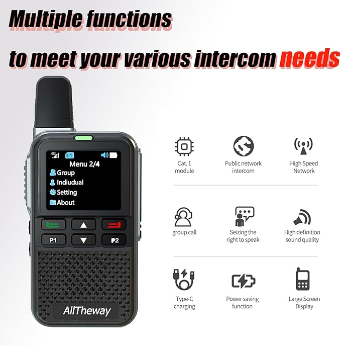 Lifetime Free Data 4G PoC Walkie Talkies - Alltheway Long Range Two-Way Radio with SIM Card, Unlimited Global Push-to-Talk for Outdoor & Work (V808M-4Pack-SIM)