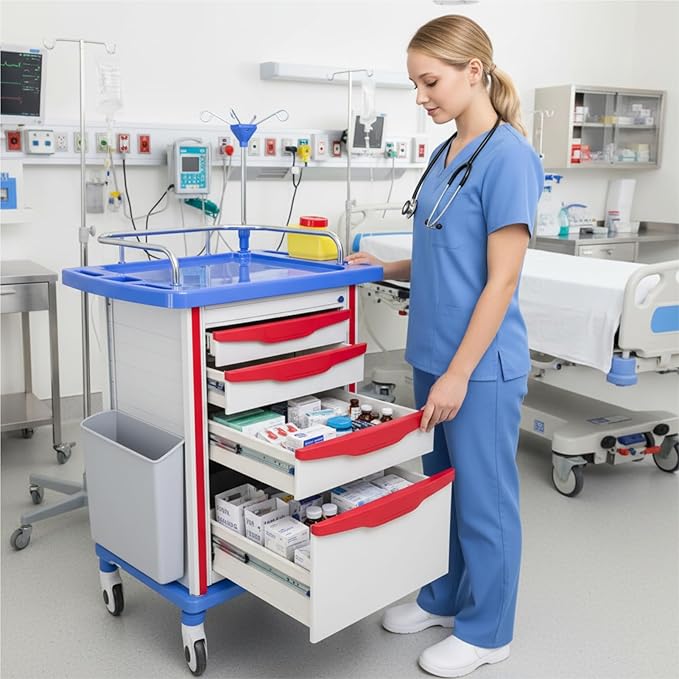Crash Cart with Accessories - Mobile Emergency Treatment Trolley with IV Pole, Cardiac Board, O₂ Tank Holder, Trash Bin & Drawers for Clinic Nursing Center